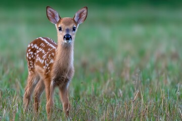 Fototapeta premium Spring Fawn in grassy meadow on a sunny day, with beautiful lush forest landscape background