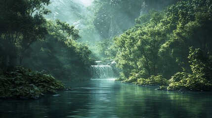 Lush rainforest with a waterfall flowing into a tranquil river and birds flying