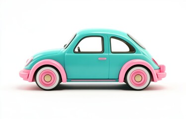 Fototapeta premium Mint green retro car with pink accents. Side view of a charming, stylized, cartoonish, vintage vehicle
