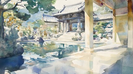 Peaceful, water-reflecting garden, watercolor scene of a temple courtyard.