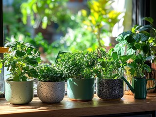 Sunlit indoor herb garden thriving on a windowsill, showcasing various potted herbs in diverse containers