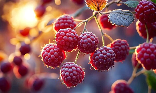 Close-up of frost-covered raspberries hanging from a branch at sunrise, creating a serene atmosphere
