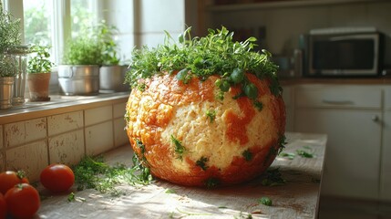 Sunlit kitchen counter displays a large, round baked good topped with various herbs, alongside tomatoes and scattered greenery