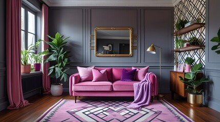 Fototapeta premium Sophisticated living room with a pink velvet sofa adorned with pillows and a knitted throw. Generated by AI