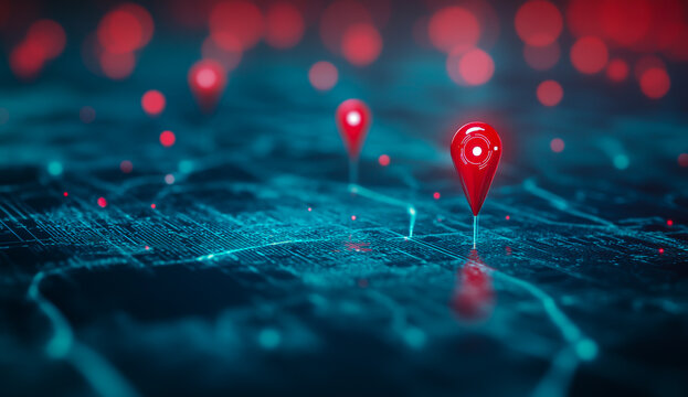 Abstract digital map featuring location pins and a global network concept, with interconnected data points and a world map background.