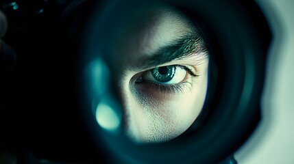 Photographer's Face Behind Camera: A photographer’s face, partially hidden by a camera, with intense concentration and a blurred background. 
