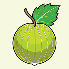 A single ripe green gooseberry with a leaf illustration