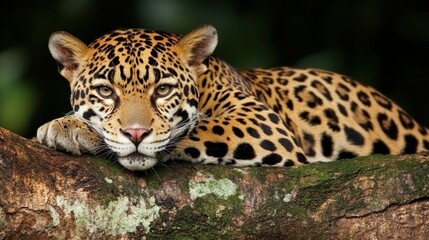 Obraz premium Jaguar's Gazing: Captivating portrait of a jaguar resting on a branch, its spotted coat and intense gaze. The perfect embodiment of the wild's beauty.