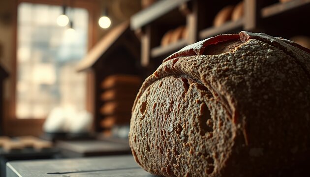 Close Up German Brotchen Roll in Traditional Bakery with Rustic Breads Displayed on Shelves Brown Color Tones Eye Level