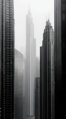 Skyscrapers piercing through the dense fog, monochrome urban landscape