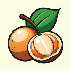 Illustration of a whole and a half of a ripe orangebrown tropical fruit with a green leaf