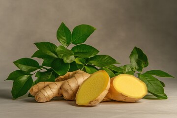 Fresh Ginger Root with Bright Yellow Flesh and Green Leaves on a Soft Grey Background