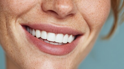 Woman smiling softly with white teeth, looking happy and confident, plain blue background, cropped.