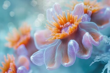 Fototapeta premium Delicate, pastel-colored sea anemone blossoms in a vibrant underwater scene.