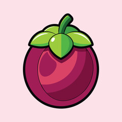 Cartoon illustration of a mangosteen fruit with vibrant purple skin and green leafy crown a delicious tropical treat