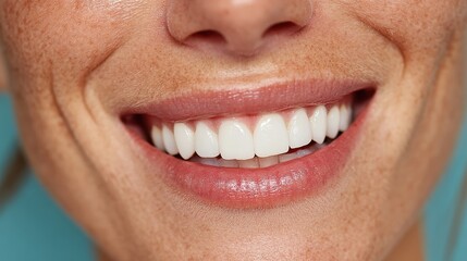 Close-up of a woman with a bright smile, healthy white teeth, plain blue background indoors, cropped shot.