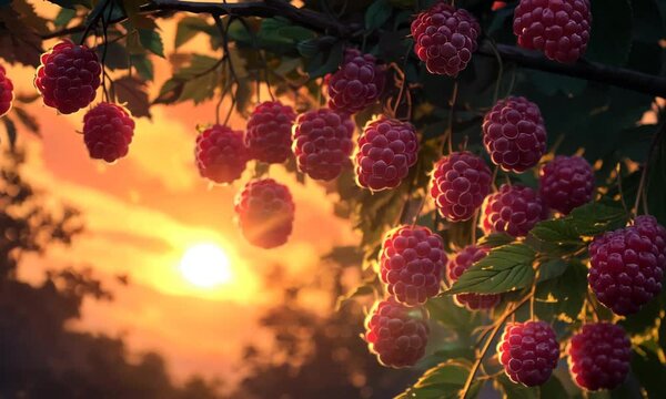 Lush raspberry branches bathed in golden sunset light, with a serene forest backdrop