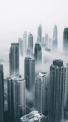 Obraz premium Skyscrapers pierce through the dense morning fog in a modern metropolis