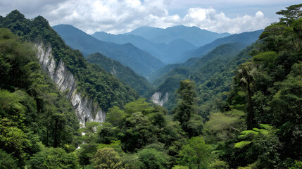 Naklejka premium viewpoint with wide panoramic view of valley and distant horizon