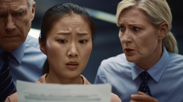 Two colleagues express strong emotions in an office setting. One looks worried while the other appears concerned, examining a crucial document that may have serious implications for both.