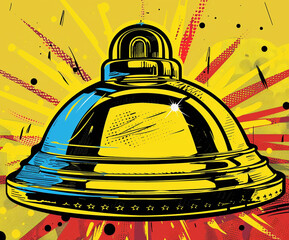 Vibrant pop art illustration of a classic hotel service bell with a retro comic style. Perfect for hospitality themes, posters, marketing, and editorial design.