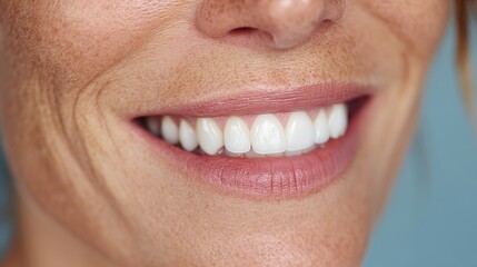 Woman smiling with white, healthy teeth, calm expression, blue background, cropped portrait indoors.