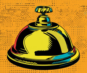 Bold comic-style illustration of a shiny reception bell on a dotted halftone background. Ideal for pop culture, hospitality branding, editorial covers, or merchandise.