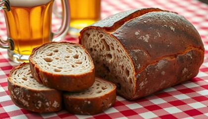 German Roggenbrot Rye Bread and Golden Beer on Red White Checkered Tablecloth with Rustic Slices Displayed in Bavaria Style