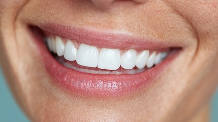 Gentle and friendly smile with healthy teeth, woman against a plain blue background, cropped close-up shot.