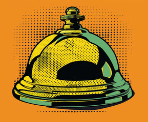 Modern pop-art depiction of a metallic hotel reception bell with bold colors and dotted background. Great for visual communication, signage, print design, and editorial use.