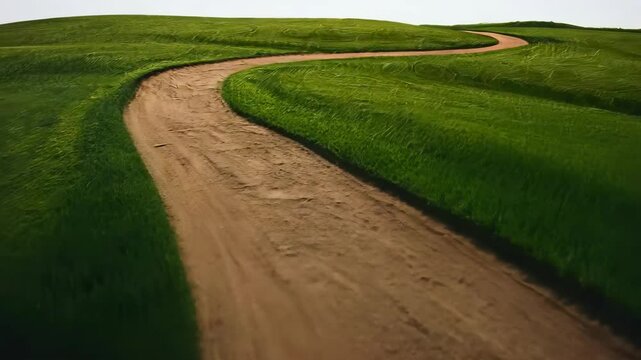 serpentine path through lush green landscape