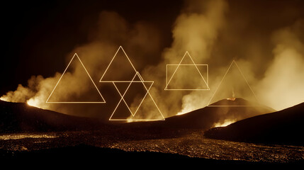 with molten lava rivers and glowing geometrical shapes in the atmosphere