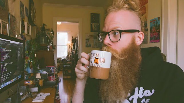 coffee while reviewing complex algorithms on screen