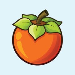 Cartoon Illustration of a Ripe Orange Persimmon Fruit with Green Leaves