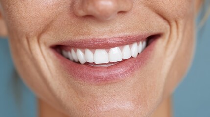 Obraz premium Cropped portrait of smiling woman with white teeth, soft expression, and blue background indoors.