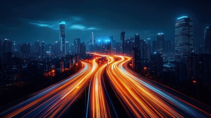 Fototapeta premium Night Cityscape: Urban Highway's Light Trails and Skyline