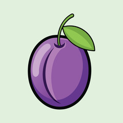 A vibrant illustration of a plump purple plum with a single green leaf
