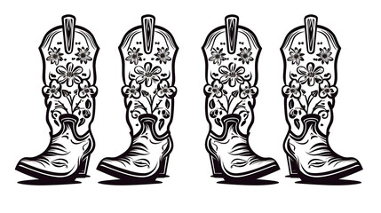 Professional Silhouettes of Cowgirl Boots in Black and White Monochrome Style