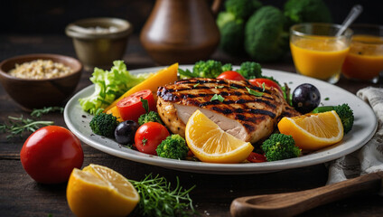 grilled steak with vegetables, steak with roasted vegetables and herbs on a dark plate.