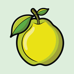 A vibrant illustration of a ripe quince fruit with lush green leaves