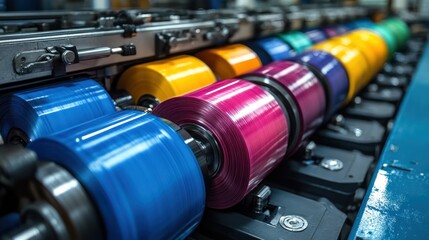 Obraz premium Vibrant Rolls of Colored Plastic Film on a Modern Industrial Printing Machine
