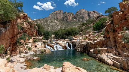 cascading down mossy cliffs into a crystal-clear pool