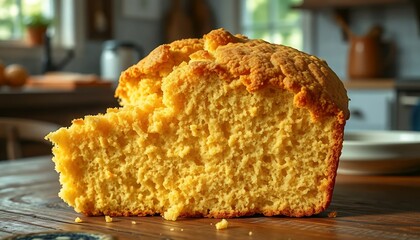 Golden Cornbread Close Up Freshly Baked on Wooden Table in Rustic Kitchen Setting Warm Light