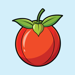 Cartoon Illustration of a Vibrant Red Mangosteen Fruit with Green Leaves