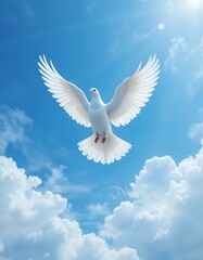 White Dove Flying in Blue Sky with Clouds