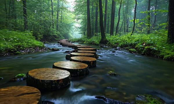 Tranquil forest stream with stepping stones, surrounded by lush greenery and misty atmosphere