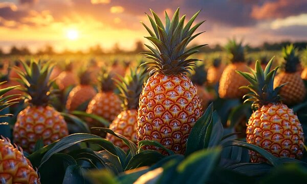 Vibrant pineapple field at sunset, showcasing ripe fruits with lush green foliage and dramatic clouds