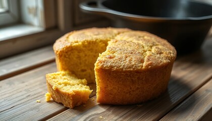 Golden Cornbread Sweet Tender Cake Baked Near Window on Rustic Wood Surface