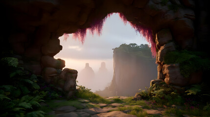 with AI-sculpted rock formations and misty beams of multicolor light