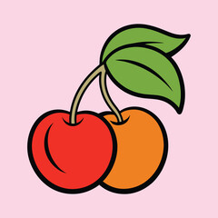 Two Cherries Illustration Cartoon Fruit Red Orange Sweet Summer Graphic Design